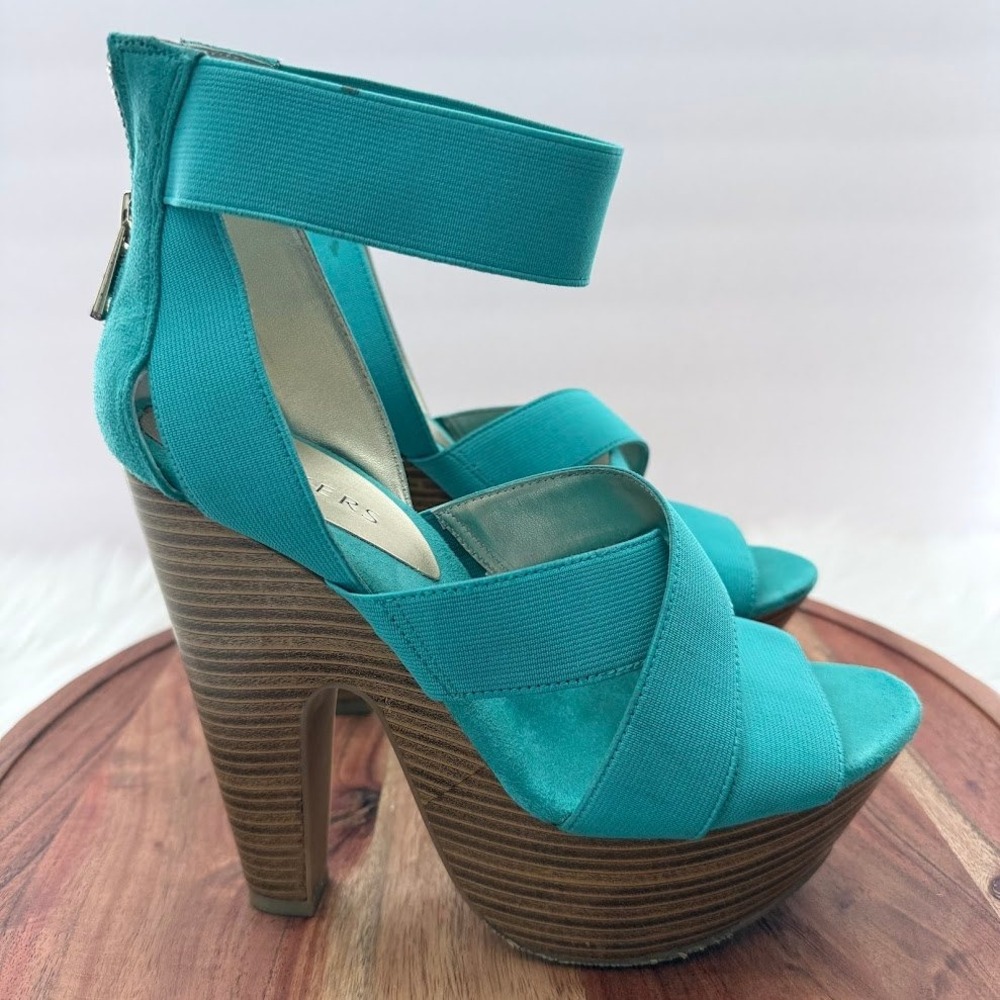 Bakers‎ McKinley Turquoise Platform Wedge Sandals 1461 Turquoise 8.5M Wood Grain